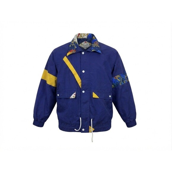 Vintage Jackets & Blazers - VTG 80s 90s Windbreaker Mariel Blue & Yellow Chain Baroque Bomber Jacket Women L